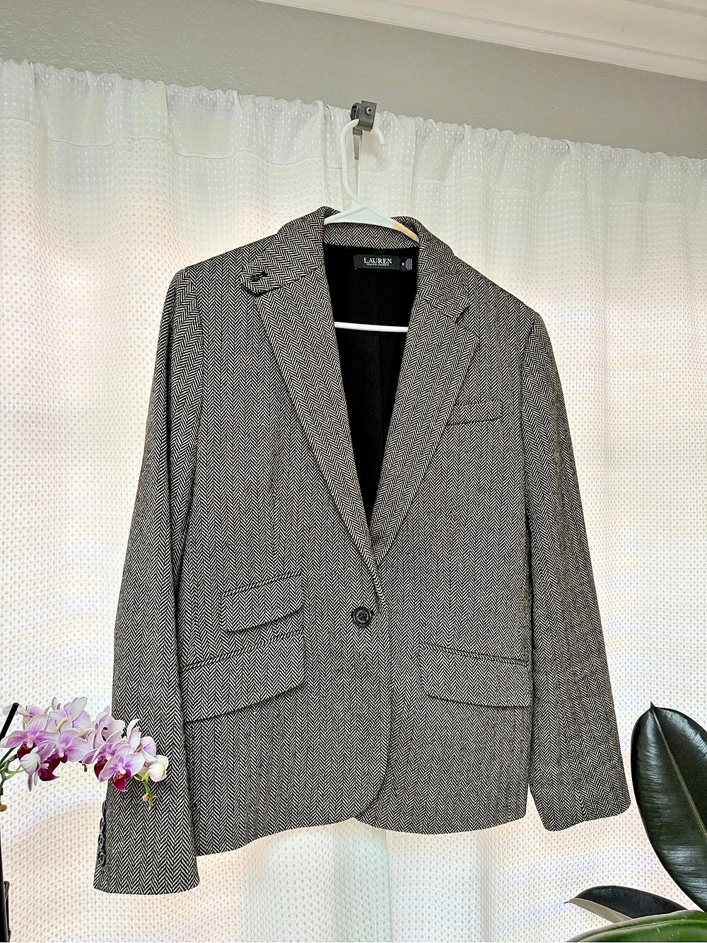 Lauren Ralph Lauren Wool Blend Herringbone Blazer, Black & Tan Tweed, One-Button